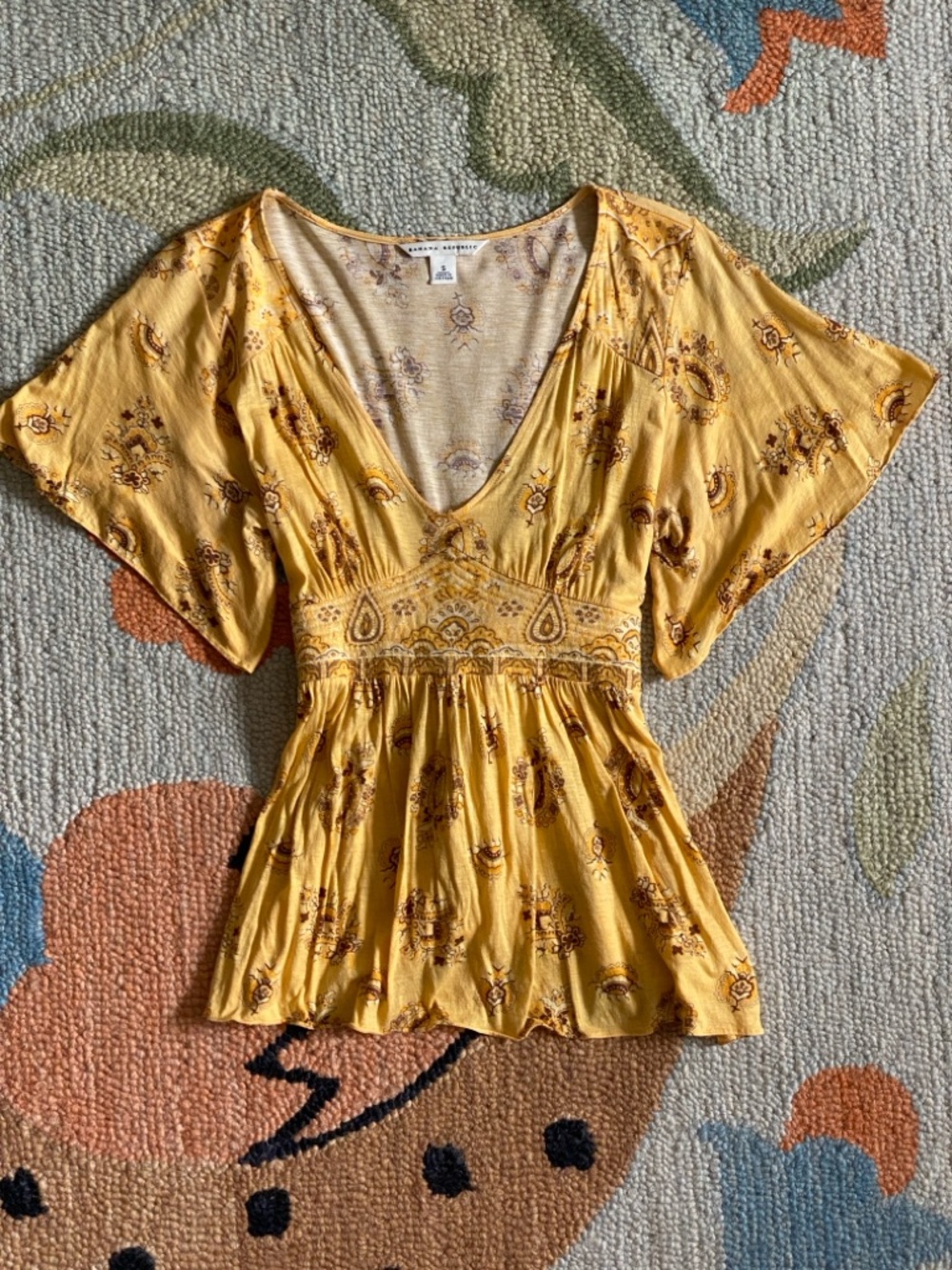 90s/Y2K Banana Republic Paisley Mango Tie-Back Butterfly Sleeve Top